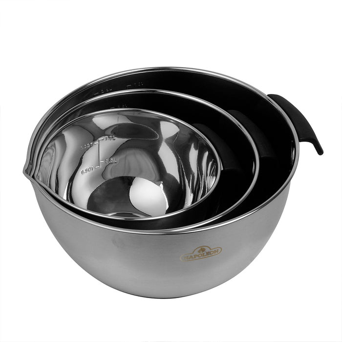 Napoleon 3 Piece Marinating Bowl Set Stainless Steel With Pour Spouts & Lids