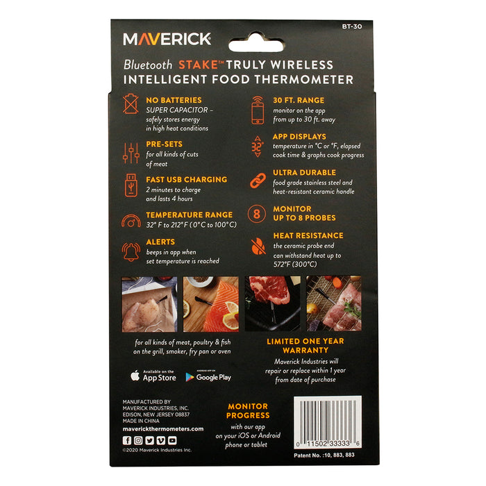 Maverick Stake Wireless Bluetooth Food Thermometer USB Presets & Alerts BT-30