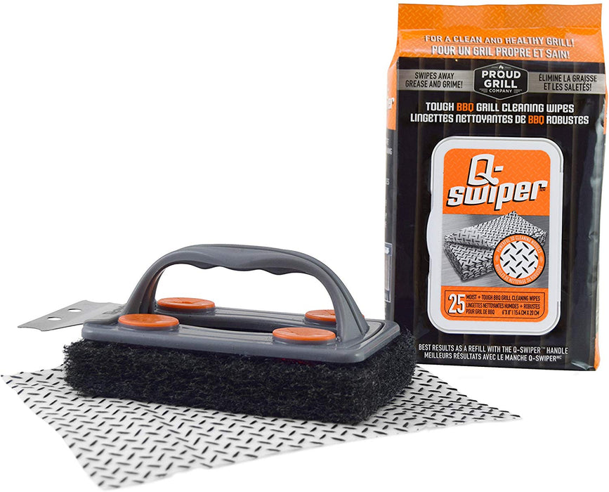 Q-Swiper BBQ Grill Brush Cleaning Set 1 Grill Brush with Steel Scraper 25 Wipes