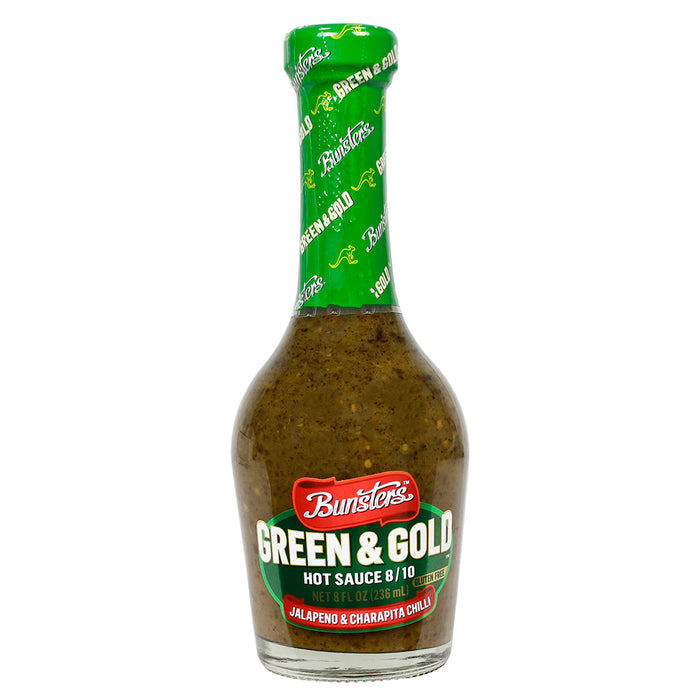 Bunsters Green & Gold Hot Sauce 8/10 Heat Jalapeno & Charapita Chili 8 Ounce