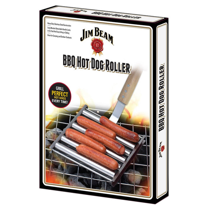 Jim Beam Stainless Steel Hot Dog Roller Holds 5 Dogs Long Wooden Handle JB0172