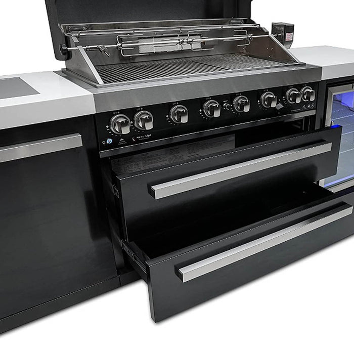 Mont Alpi 805 Black Stainless Steel Island 6 Burner Grill with Fridge Cabinet