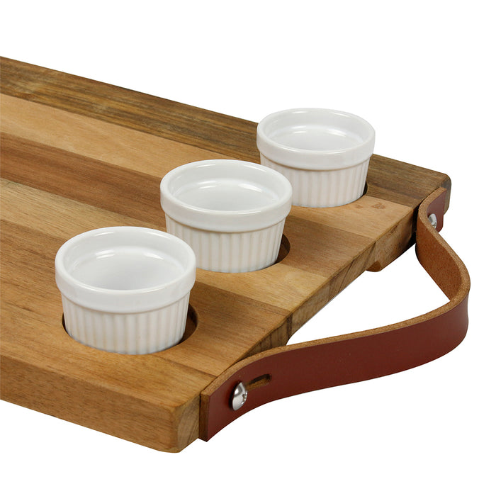 Napoleon Charcuterie Board Acacia Wood With 3 Ceramic Ramekins & Leather Handle