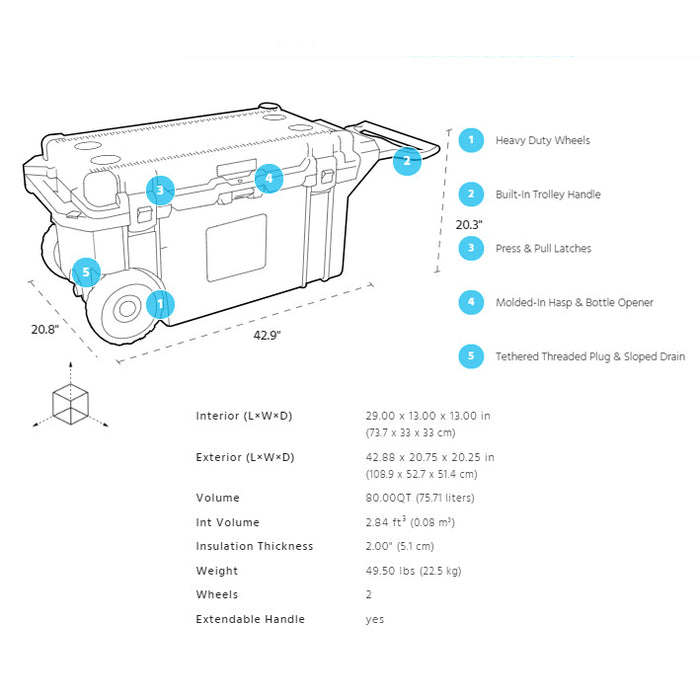 Pelican 80QT Elite Wheeled Cooler 10 Day Ice Retention Bottle Opener White