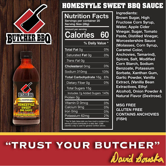 Butcher BBQ Homestyle Sweet BBQ Sauce 16 Oz Bottle Grill Master Series 45581