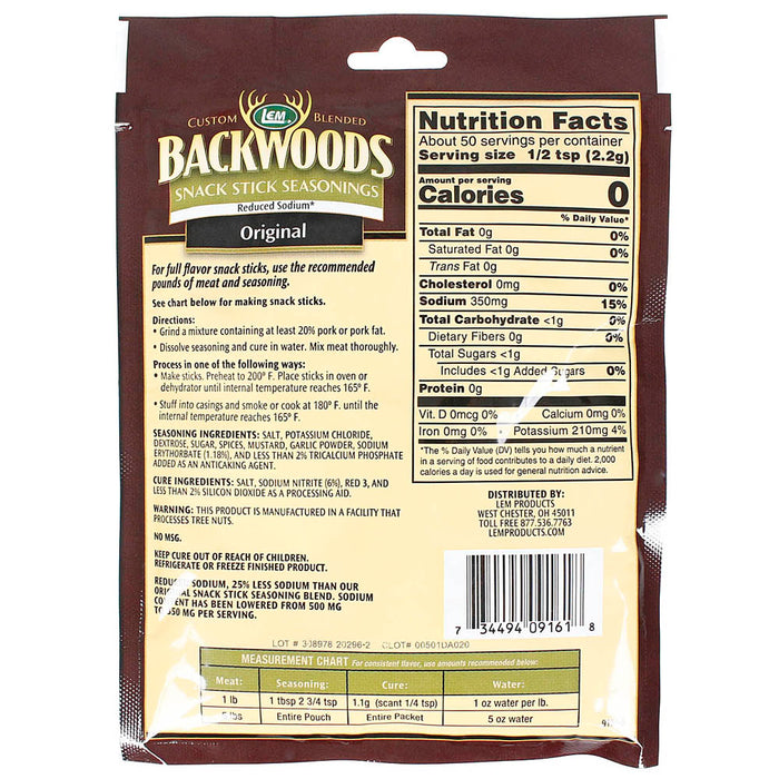 Backwoods Reduced Sodium Snack Stick Seasoning for 5 Lbs of Meat 3.9 Oz 9161