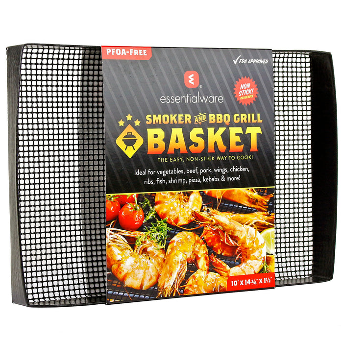 Heavy Duty Smoker & BBQ Grill Basket 10" x 14.3" x 1.5" Non-Stick PTFE Wide Mesh