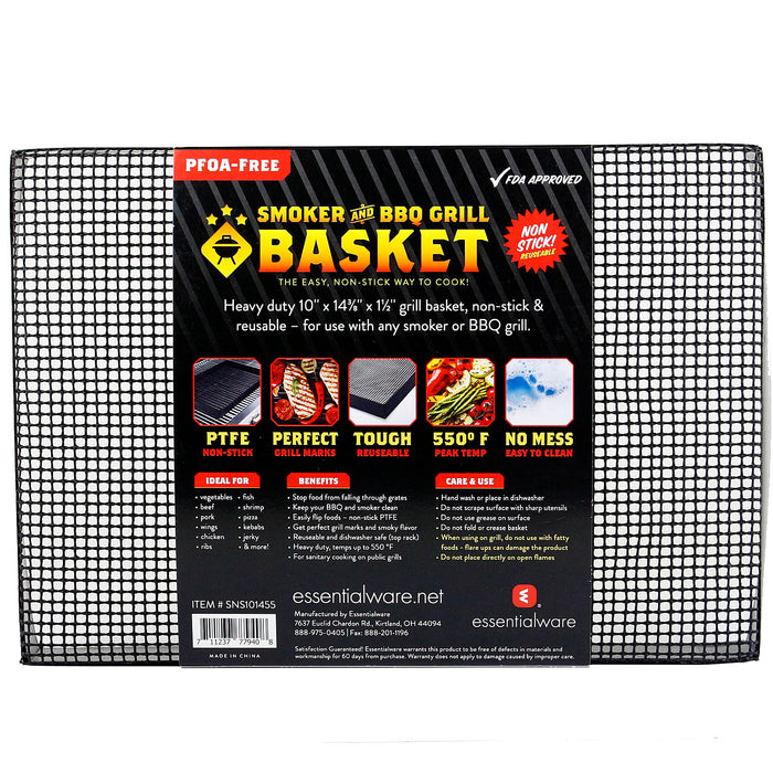 Heavy Duty Smoker & BBQ Grill Basket 10" x 14.3" x 1.5" Non-Stick PTFE Wide Mesh