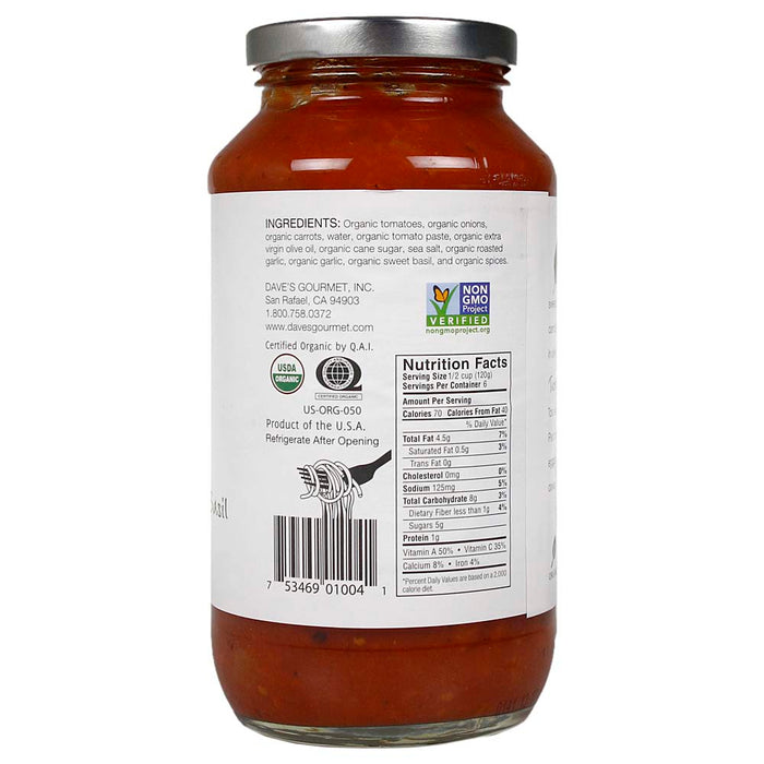 Daves Gourmet Organic Roasted Garlic Sweet Basil Pasta Sauce 25.5 Oz DARGS-6