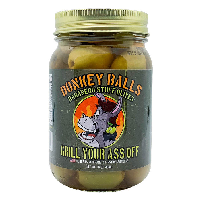 Grill Your Ass Off 16 oz Donkey Balls Habanero Stuffed Olives Tangy Spicy Flavor