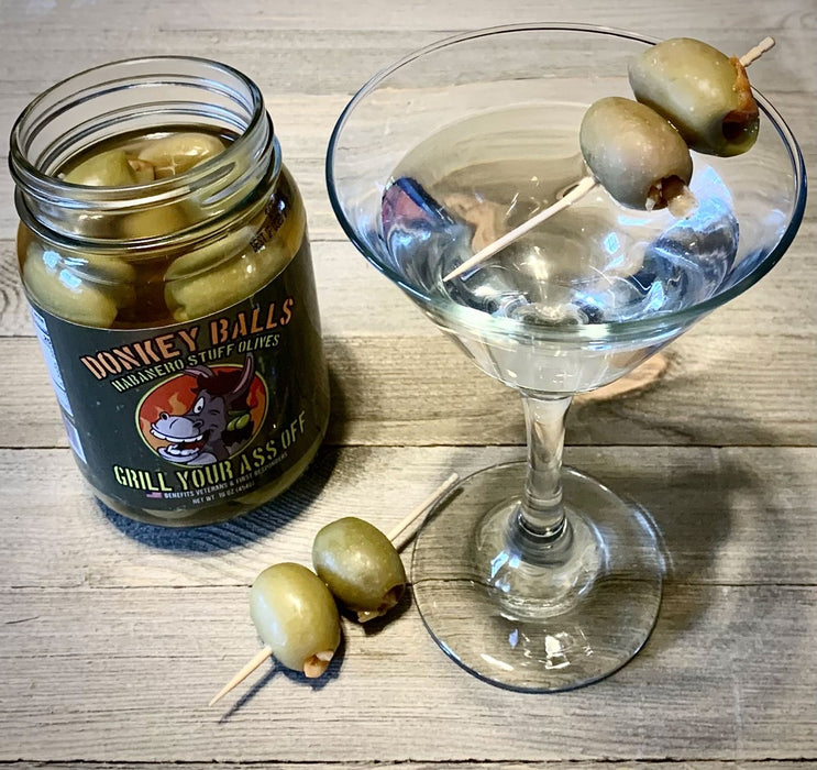 Grill Your Ass Off 16 oz Donkey Balls Habanero Stuffed Olives Tangy Spicy Flavor