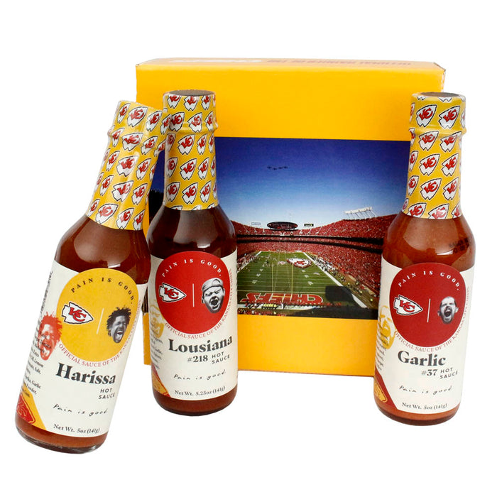 Kansas City Chiefs Pain Is Good Hot Sauce 3 Pack Lousiana Harissa Garlic 5 oz