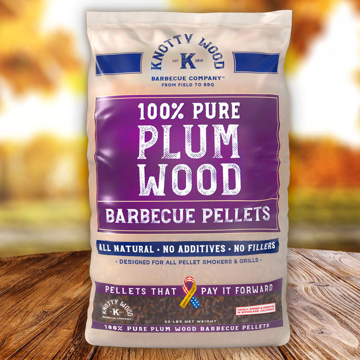 100% Plum Wood BBQ Cooking Pellets 20 lb Bag 100% Natural Sweetness Knotty Wood